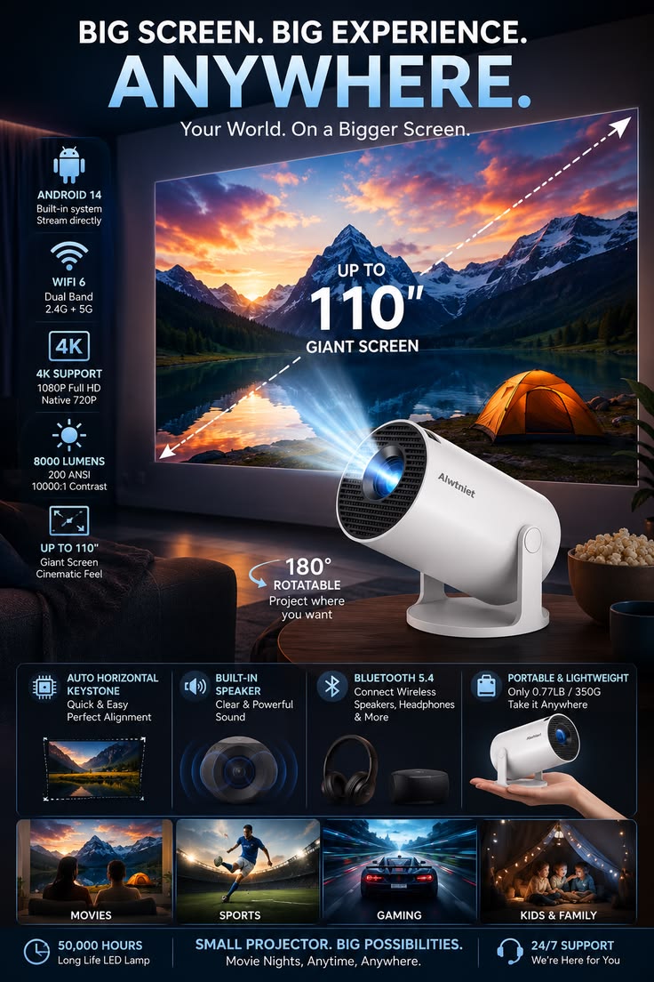Portable Smart LED Projector with WiFi & Bluetooth – Home Cinema